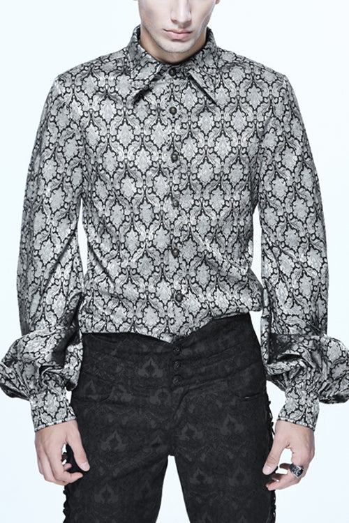 Silver Lantern Sleeves Jacquard Print Mens Gothic Blouse - Silver - 1