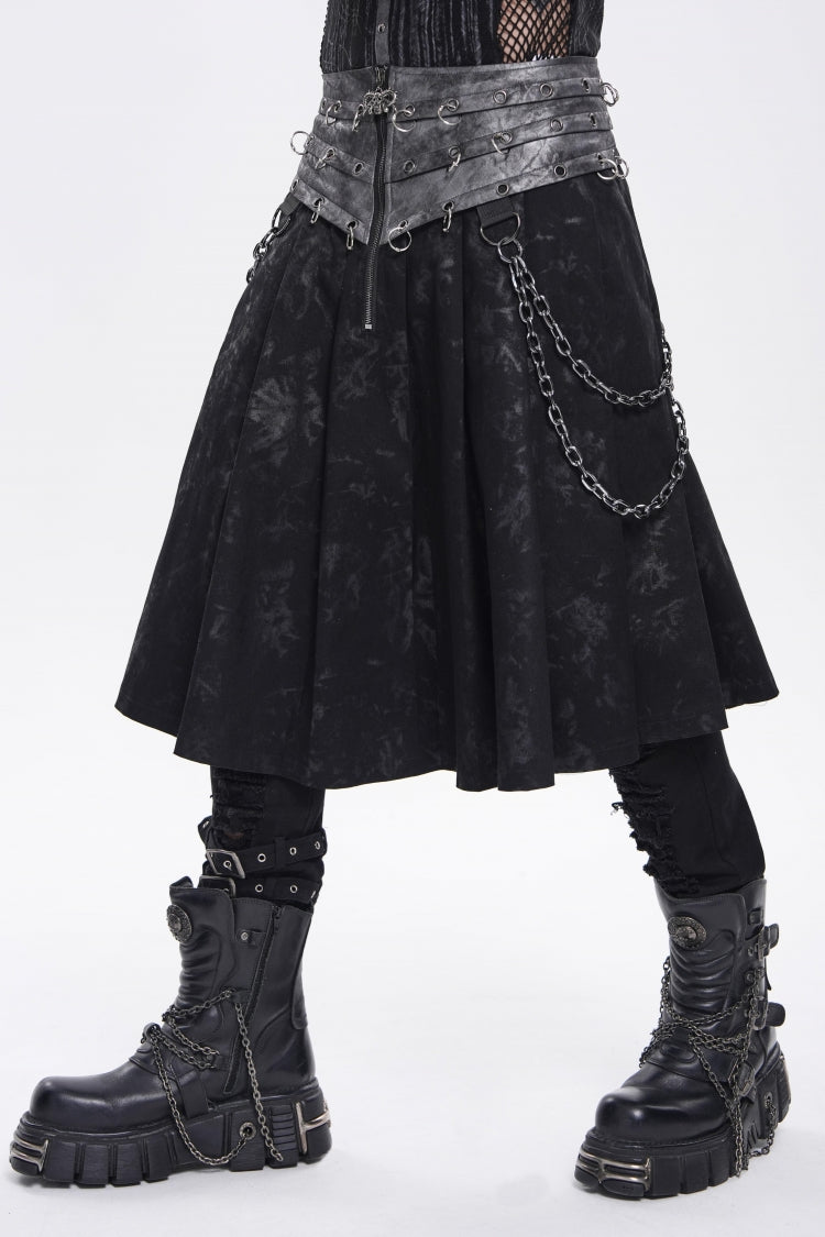 Black Printed Spliced Lace-Up Pleated Chain-Decorated Men's Punk Skirt - Product - 9