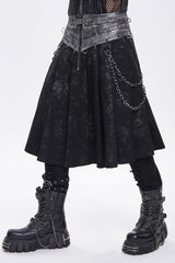 Black Printed Spliced Lace-Up Pleated Chain-Decorated Men's Punk Skirt - Product - 9