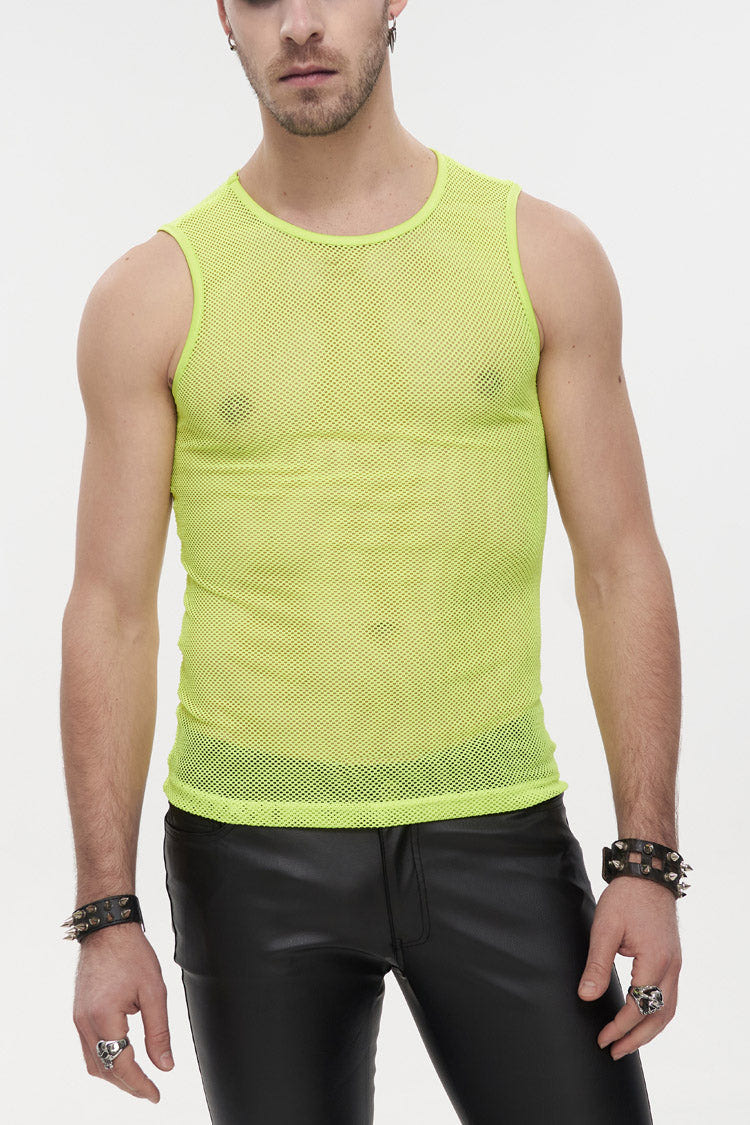 Yellow Elasticity Perspective Rhombus Net Yarn Sleeveless Men's Gothic T-Shirt - Yellow - 1