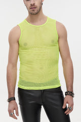 Yellow Elasticity Perspective Rhombus Net Yarn Sleeveless Men's Gothic T-Shirt - Yellow - 1