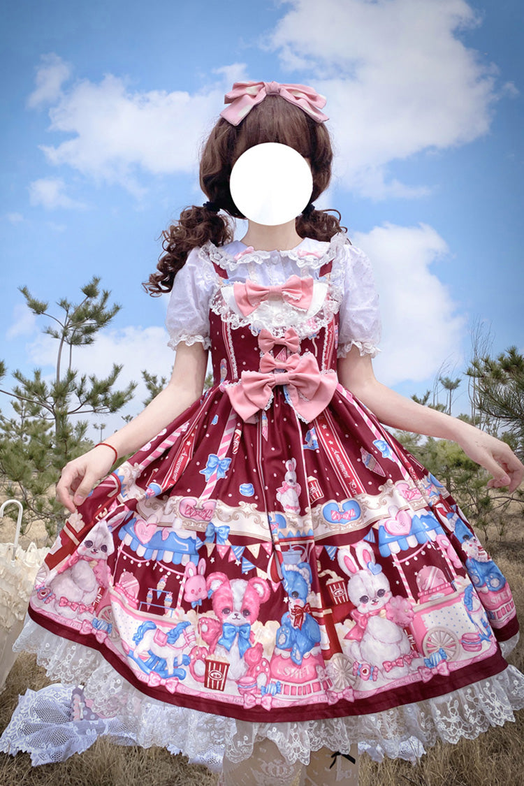 Wine Red Doll Playground Print Ruffle Bowknot Sweet Lolita Jsk Dress - Product - 2