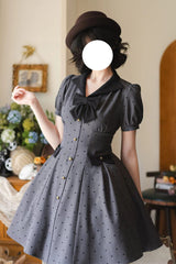 Grey [Forest Boulotty] Lapel Collar Short Sleeves Heart-Shaped Polka Dot Printed Bow Sweet Lolita Dress - Product - 3