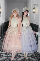 [Tulip Scent] Halterneck Sleeveless Printed Ruffled Lace Lace-Up Fishbone Sweet Lolita Jsk Dress Set (Pink/Purple 2 Colors) - Product - 5