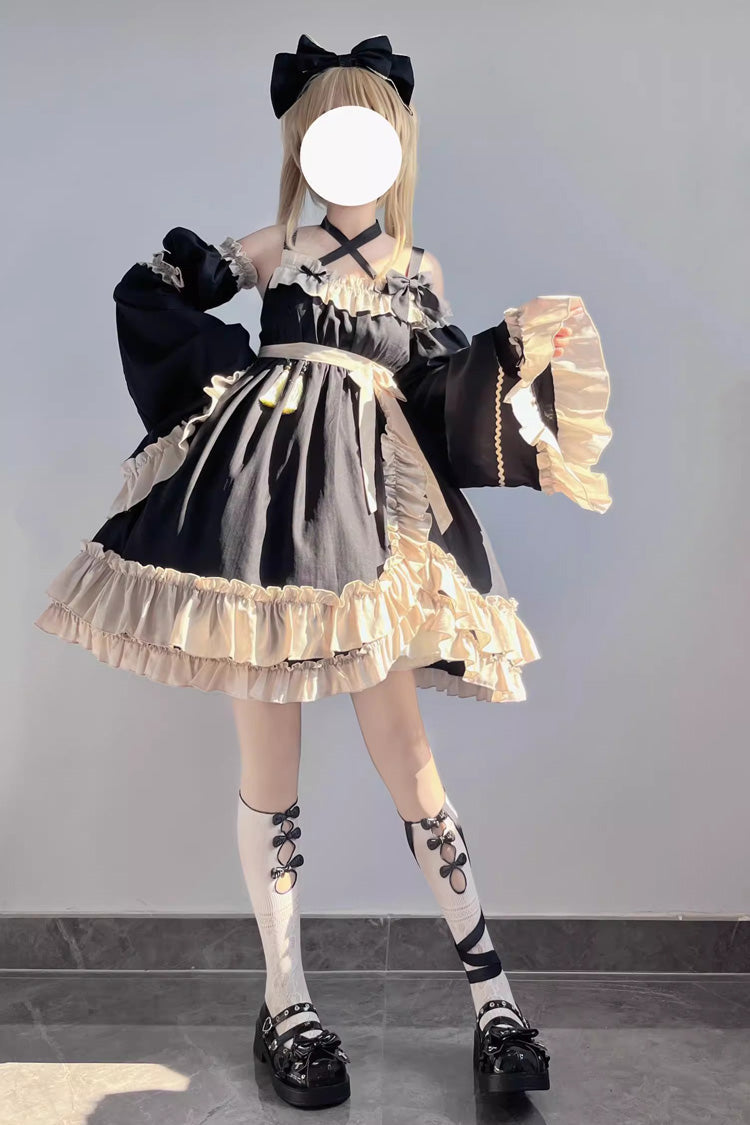 Black [Monet Estate] Sleeveless High Waisted Ruffle Bowknot Asymmetric Gothic Lolita Jsk Dress - Product - 6