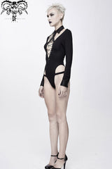 Black Long Sleeve Chest Hollow Leather Strips Lace Up Tight Connecting Crotch Women's Punk T-Shirt - Product - 6
