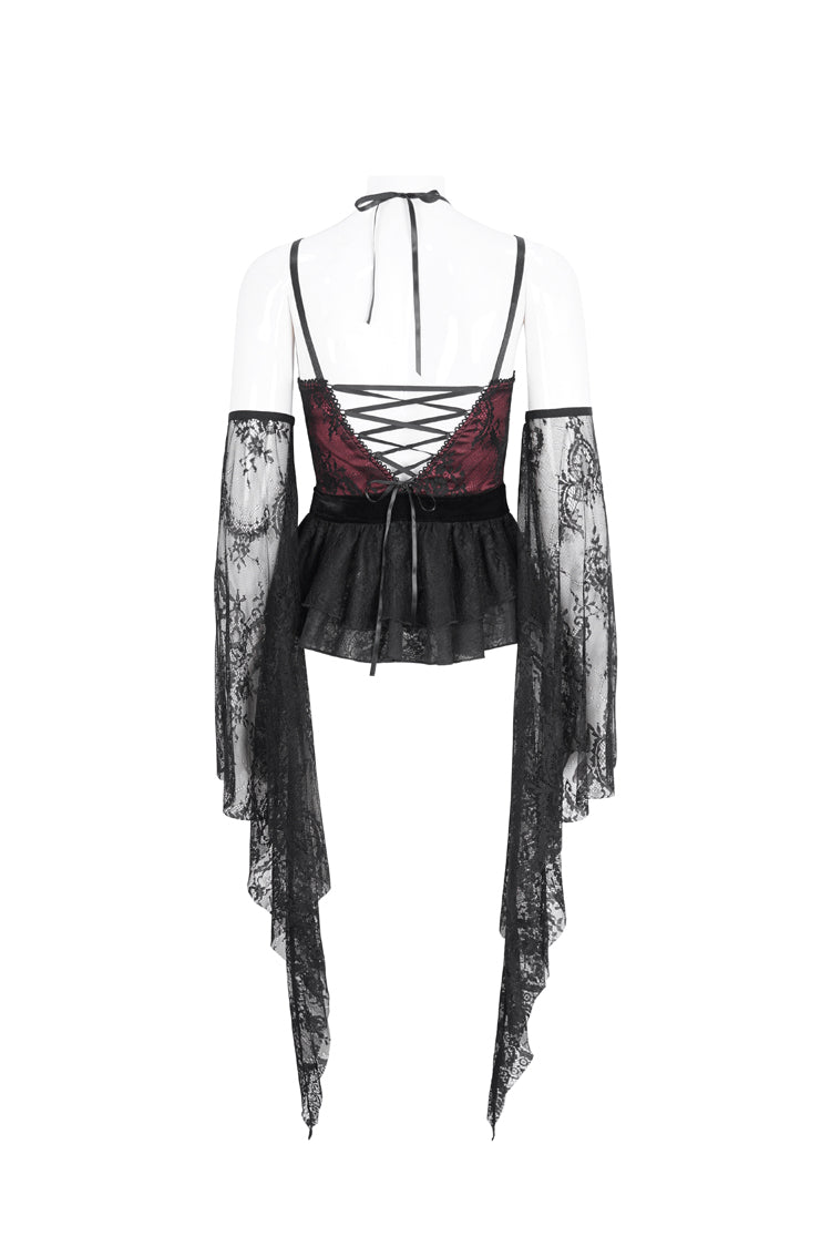 Red Embroidery Stitching Lace Lace-Up Women's Gothic Blouse - Product - 7