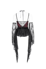 Red Embroidery Stitching Lace Lace-Up Women's Gothic Blouse - Product - 7