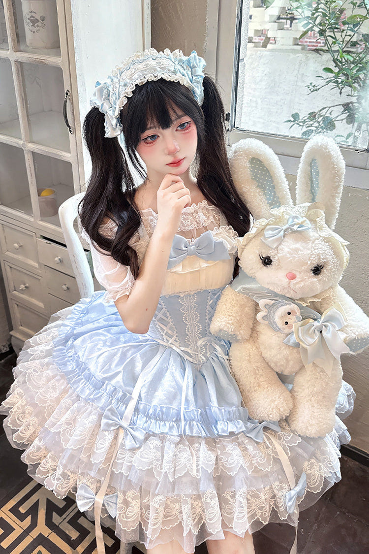 Blue [Dance of Time] Sleeveless Triple-Layered Ruffle Bowknot Lace Lace-Up Sweet Ballet Lolita Jsk Dress - Product - 6