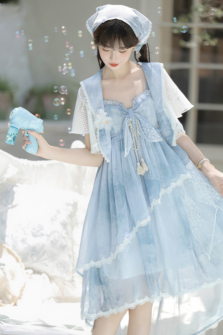 Blue [Clouds Resting in the Wilderness] Print Ruffle Embroidery Bowknot Lace Irregular Lolita Jsk Dress - Product - 6