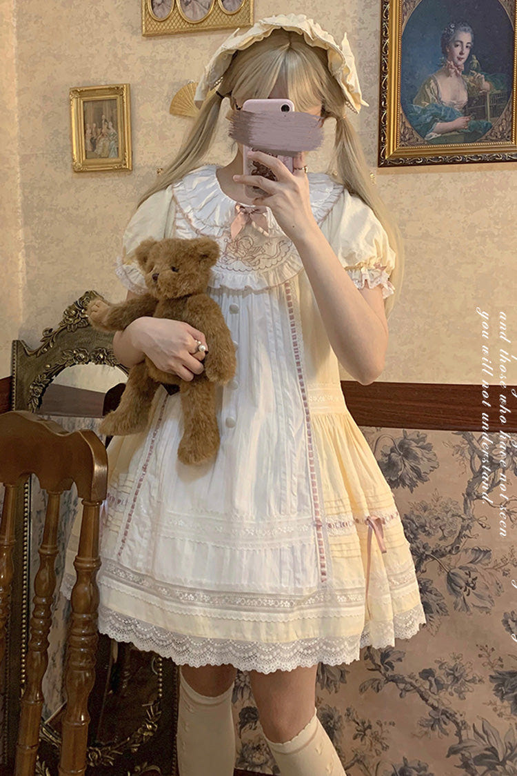 Light Yellow Doll Collar Short Sleeves Little Angel Print Bowknot Lace Sweet Lolita Dress - Product - 9
