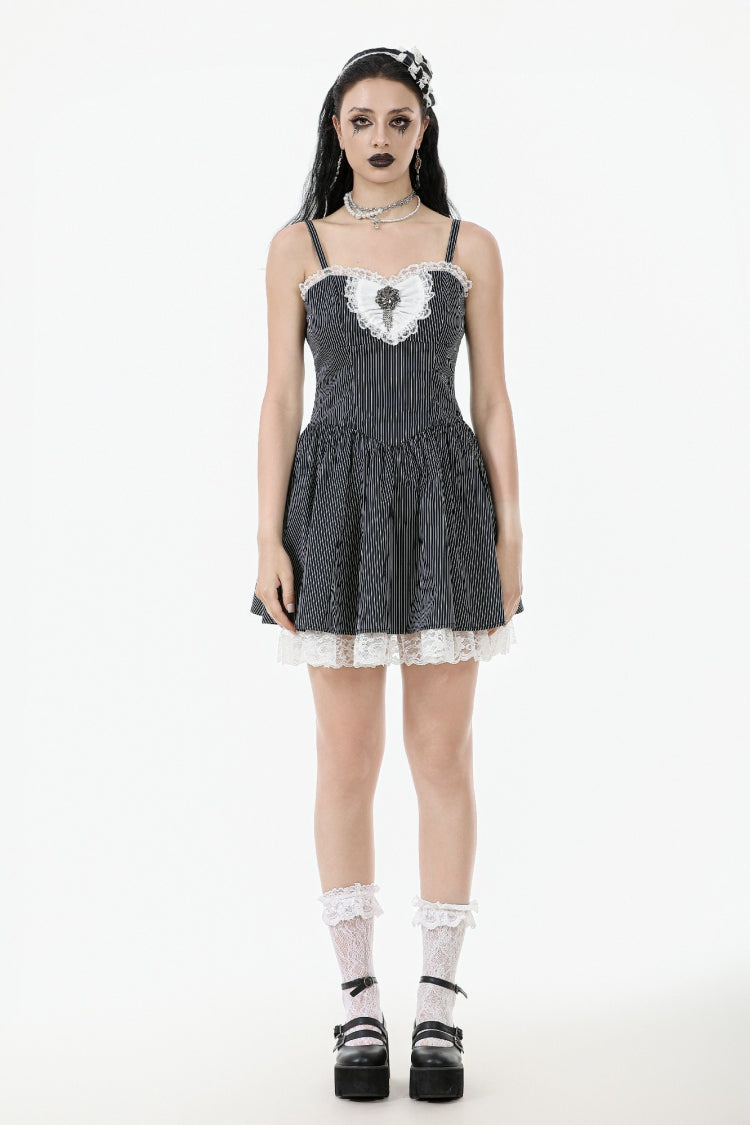 Black/White Pinstriped Sleeveless Lace Lace-Up Women's Gothic Lolita Slip Dress Graduation Dress - Product - 5