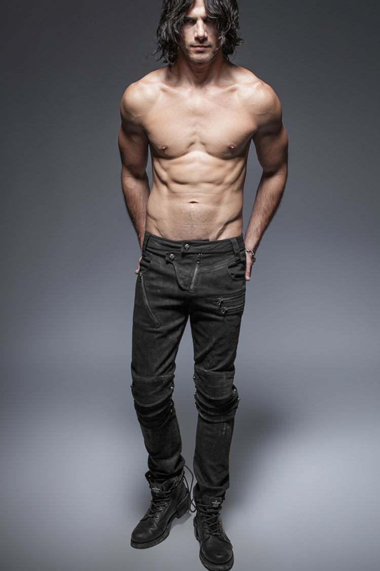 Black Military Uniform Buckle Skinny PU Leather Men's Punk Pants - Product - 2