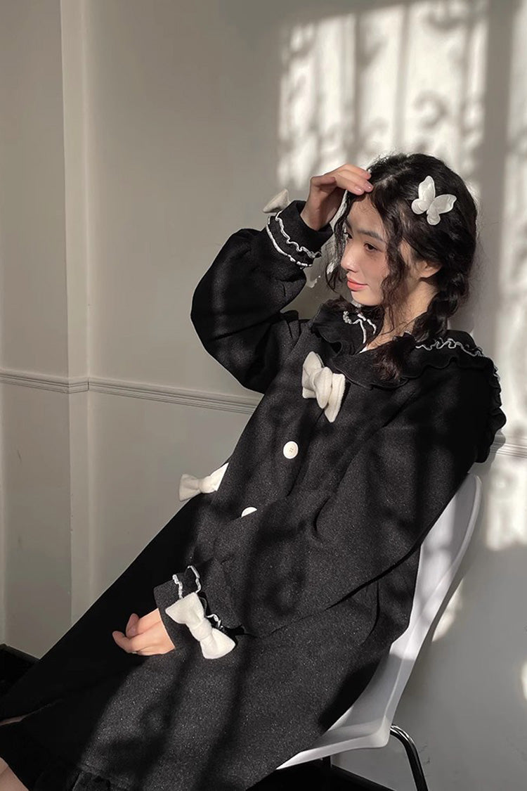 Black [Bouquet Bear] Doll Collar Long Sleeves Ruffle Bowknot Princess Lolita Coat - Product - 2