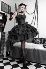 Black [Butterfly Officer] Triple-Layered Ruffle Bowknot Lace-Up Gothic Lolita Skirt Set - Product - 7