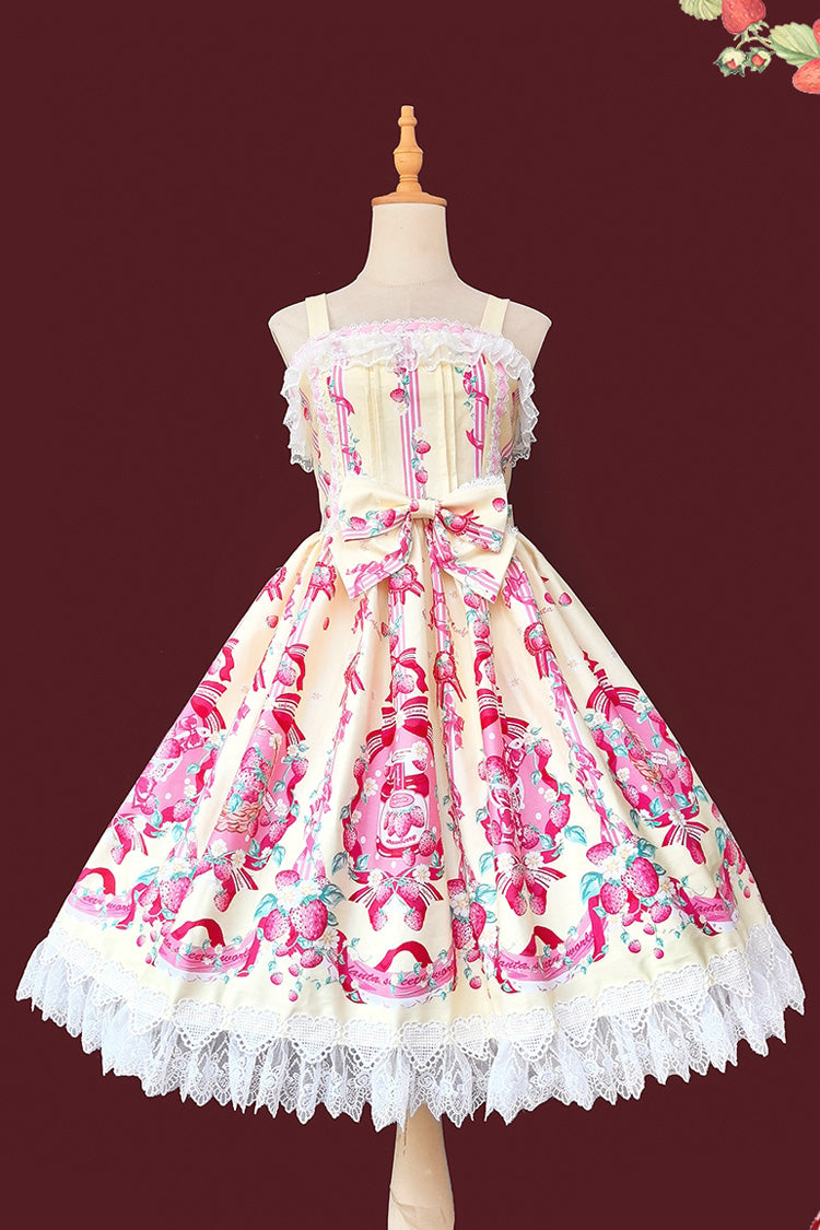 [Strawberry Chef] Sleeveless Print Bowknot Lace Sweet Lolita Jsk Dress 4 Colors - Yellow - 18