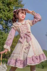 Pink/White [Little Florist] Long Sleeves Ruffle Bowknot Lace-Up Sweet Plus Size Princess Lolita Dress - Pink/White - 1