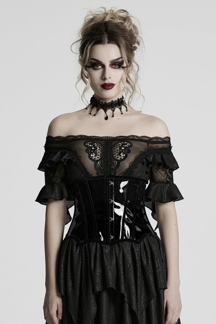 Black Patent Leather Women's Gothic Underbust Corset - Black - 1