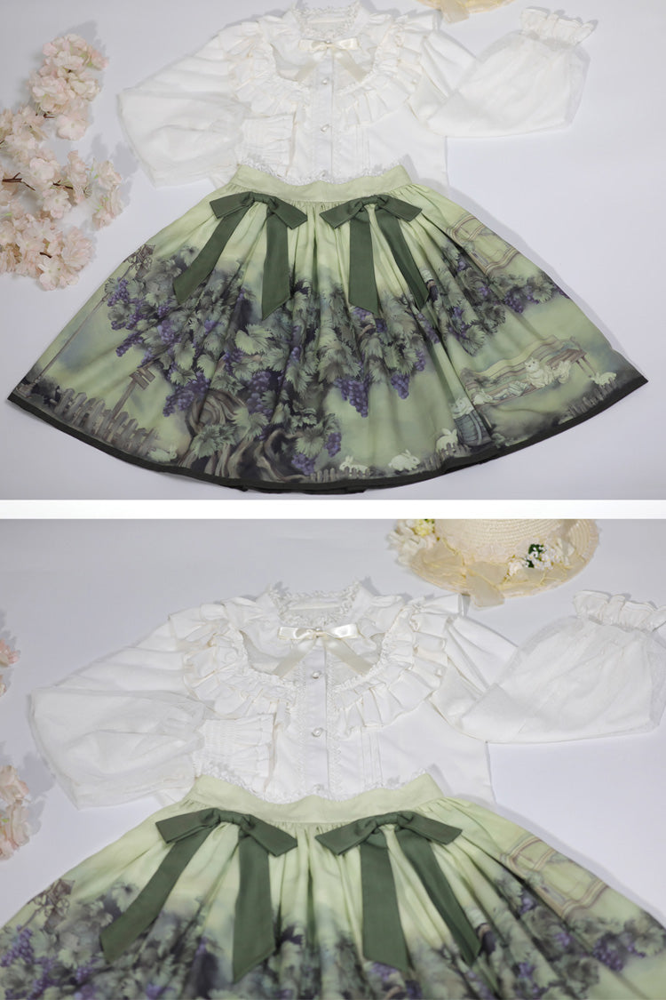 Green Grapes and Vines Print Bowknot Lolita Skirt - Product - 4