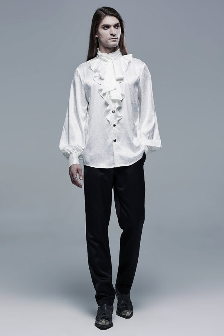 White Gothic Jacquard High Collar Front Chest Flounce Retro Metal Button Lantern Sleeve Men's Shirt - Product - 4