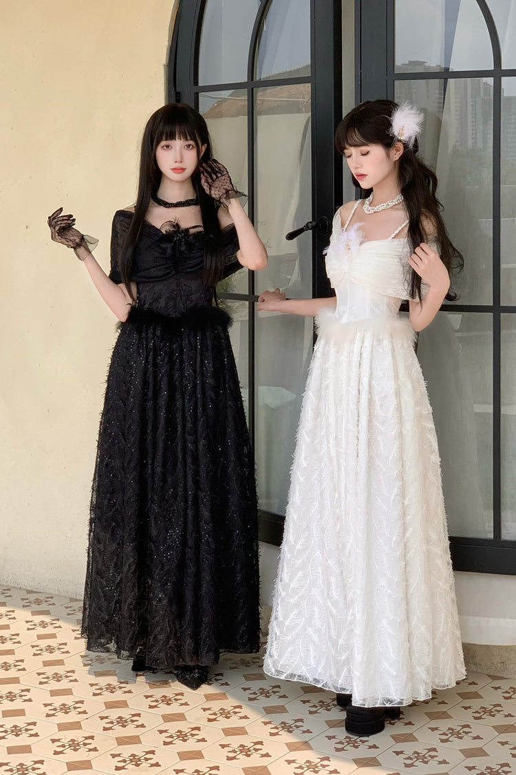 Black [Swan] Off Shoulder Jacquard Embroidered Bow Gothic Lolita Jsk Dress - Product - 7