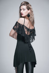 Black Sexy Rose Lace Tassel Back Over Hip Womens Long Gothic T-Shirt - Product - 4