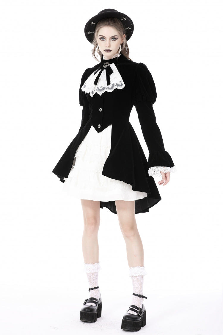 ブラック／ホワイト Frilly 襟 Skull 蝶ネクタイ ロング パフスリーブ レース レースアップ レディース ゴシック ヴィンテージ ベルベット ジャケット 商品画像