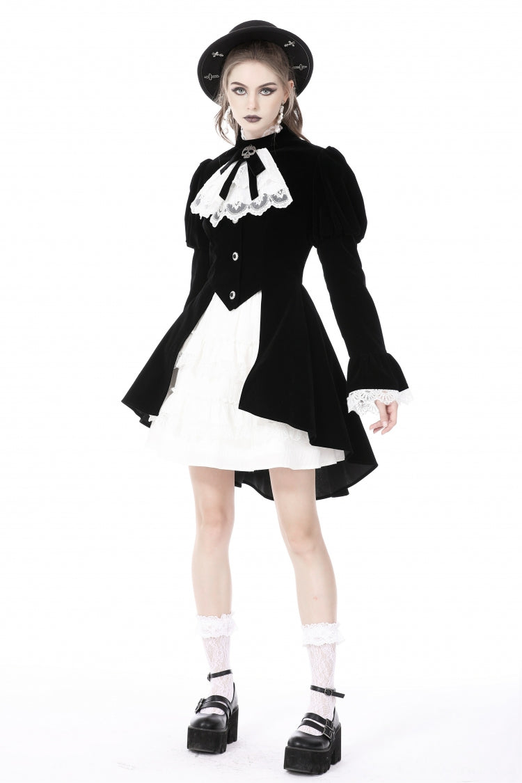 Black/White Frilly Collar Skull Bow Tie Long Puff Sleeves Lace Lace-Up Women's Gothic Vintage Velvet Jacket - Product - 6