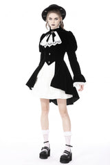 Black/White Frilly Collar Skull Bow Tie Long Puff Sleeves Lace Lace-Up Women's Gothic Vintage Velvet Jacket - Product - 6