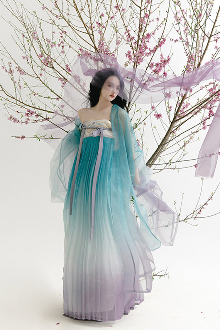 Multi-Color Off Shoulder High Waisted Embroidery Women's Classic Hanfu Dress Full Set - Product - 2