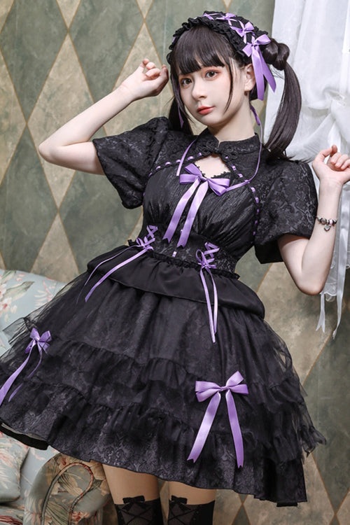 Stand Collar One Button Bubble Short Sleeve Lace Hem Sweet Lolita Dress - Black/Purple - 3