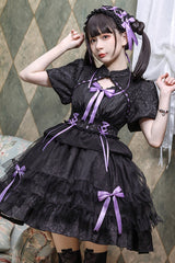 Stand Collar One Button Bubble Short Sleeve Lace Hem Sweet Lolita Dress - Black/Purple - 3