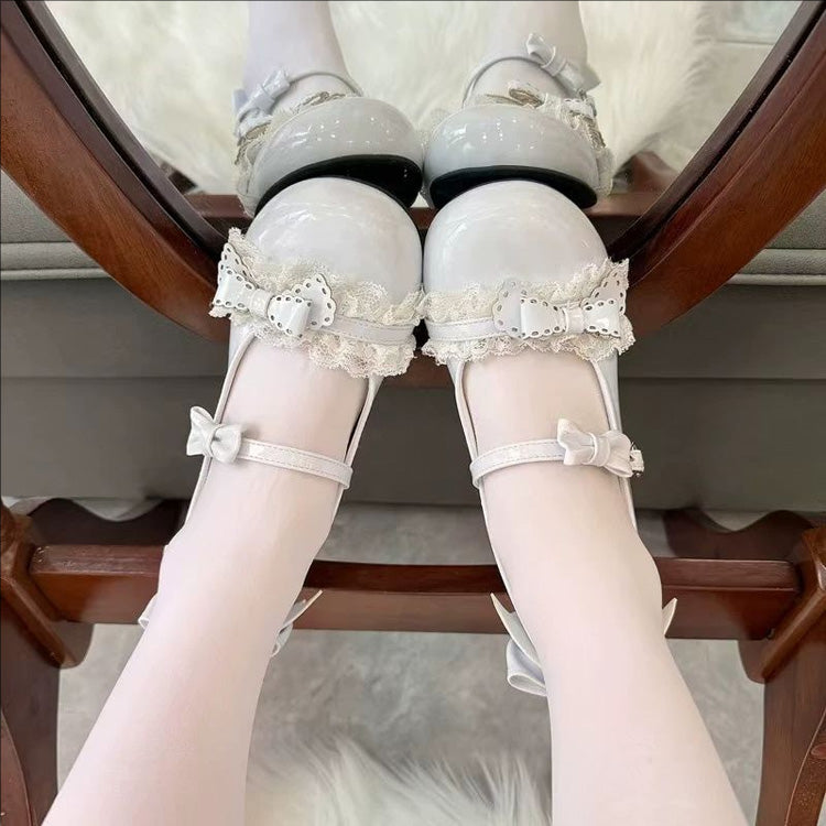 Round Toe Bow Lace Trim Lolita Mary Jane Shoes with Cat Paw Mid Heels 6 Colors - Blue - 4
