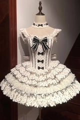 Beige Sleeveless Multi-Layered Polka Dots Printed Ruffled Bow Sweet Princess Lolita Jsk Dress - Product - 3