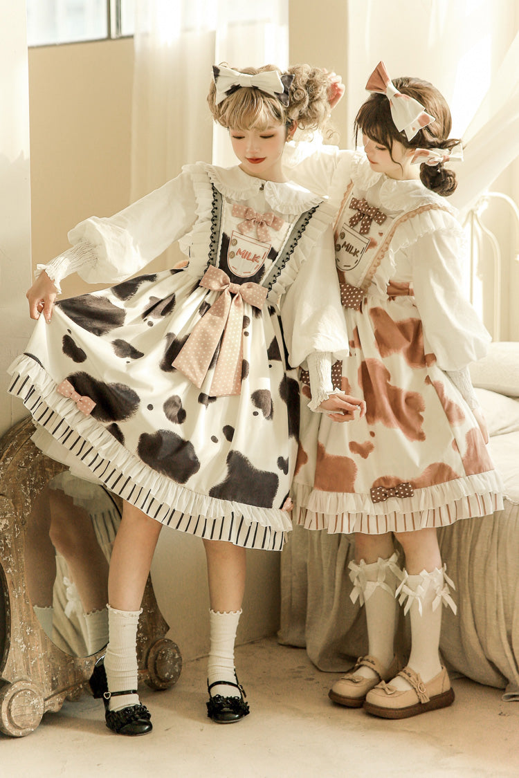 Milk Cow Print Ruffle Bowknot Sweet Lolita Jsk Dress 5 Colors - Product - 14