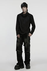Black Stand Collar Long Sleeves Embroidered Ripped Studded Loose Men's Punk T-Shirt - Product - 4
