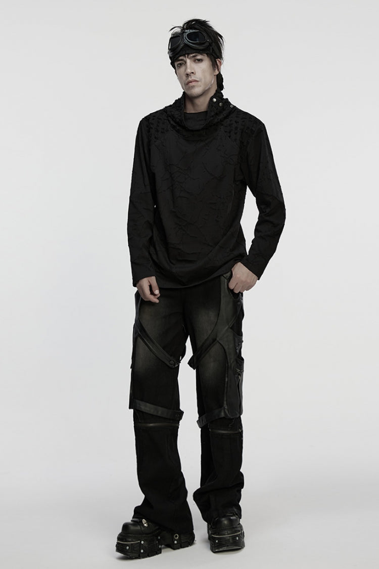 Black Stand Collar Long Sleeves Embroidered Ripped Studded Loose Men's Punk T-Shirt - Product - 4
