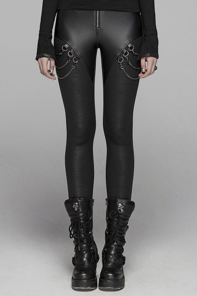 Black Crack Velvet Splice Knit PU Leather Metal Buckle Connect Chain Women's Punk Leggings - Black - 1