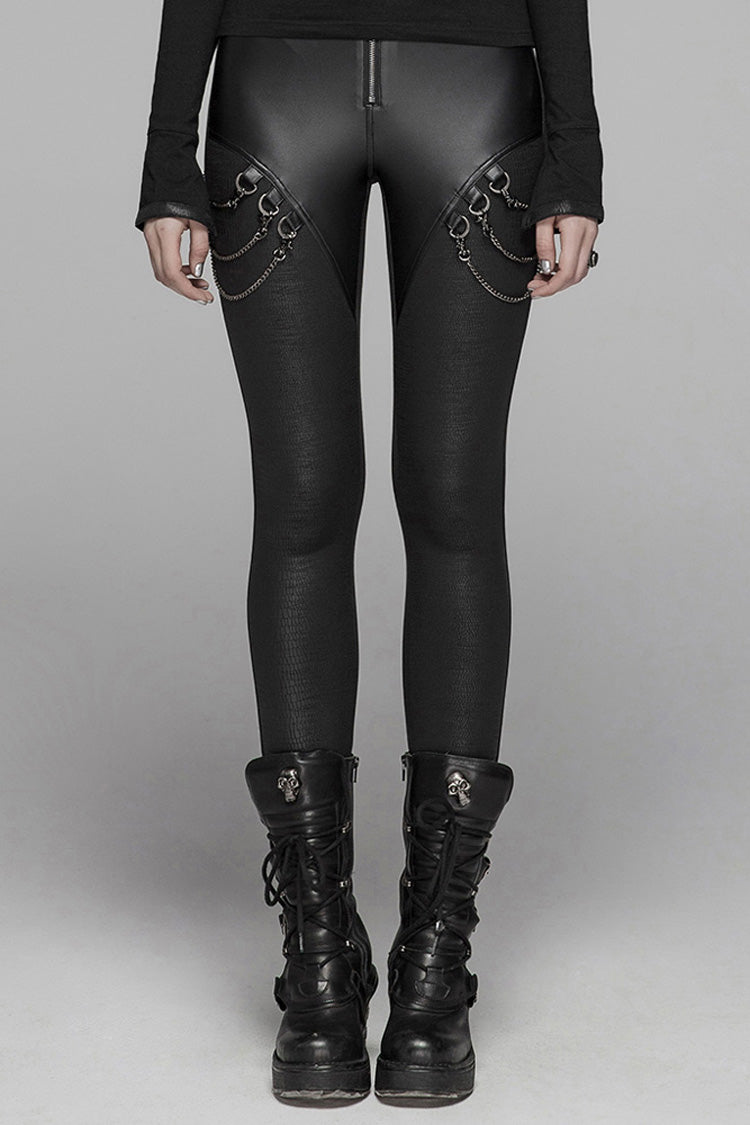 Black Crack Velvet Splice Knit PU Leather Metal Buckle Connect Chain Women's Punk Leggings - Black - 1