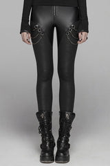 Black Crack Velvet Splice Knit PU Leather Metal Buckle Connect Chain Women's Punk Leggings - Black - 1