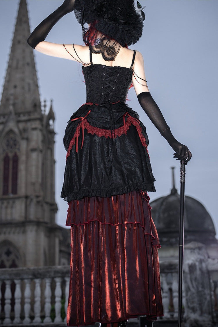 Black/Red [Rotten Bone Flower] Sleeveless Ruffled Embroidered Lace-Up Gothic Lolita Skirt Dress Set - Product - 8