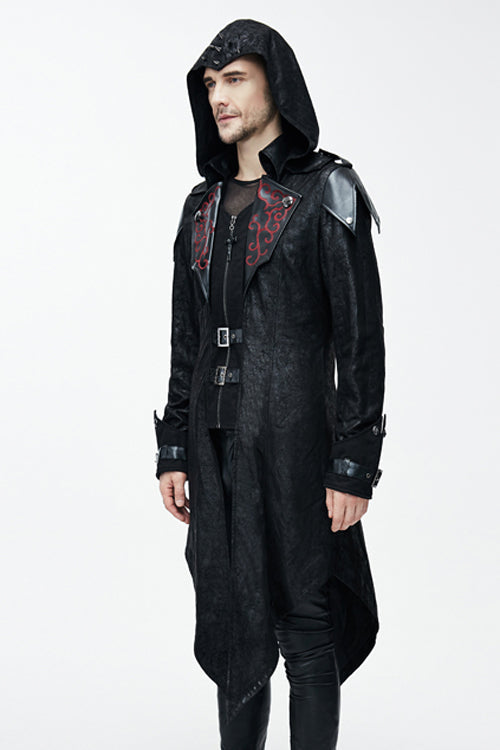 False Two Pieces Black Hooded Leather Long Mens Gothic Coats - Product - 2