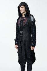 False Two Pieces Black Hooded Leather Long Mens Gothic Coats - Product - 2