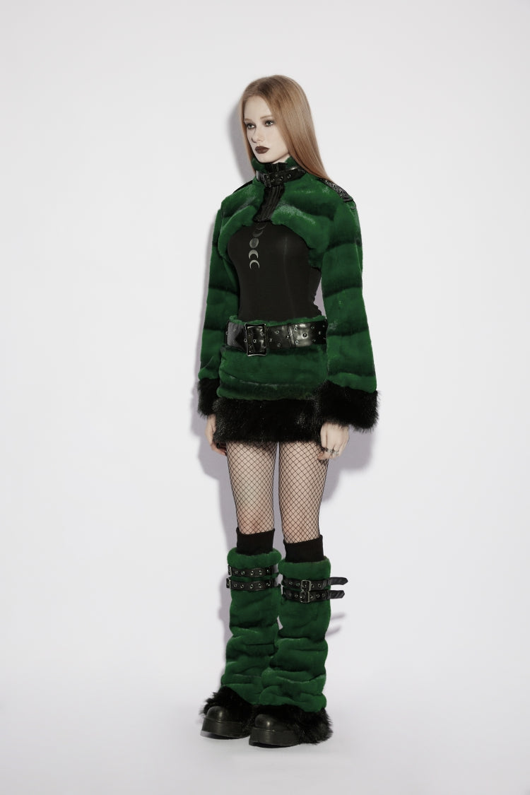 Green Women's Punk Faux Fur Skirt with Belt - Product - 3
