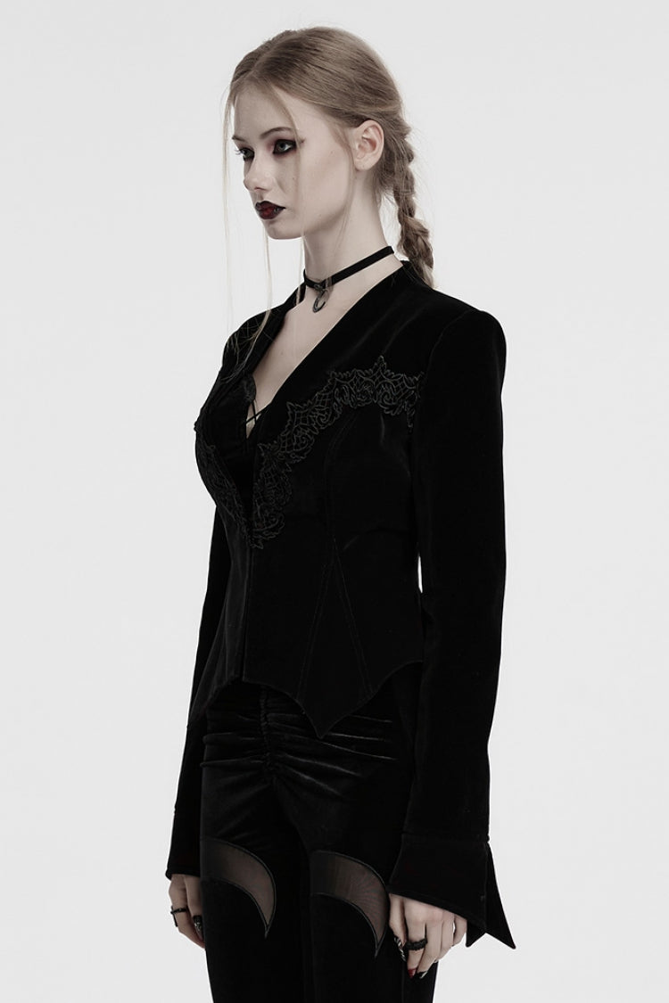 Black V Collar Long Sleeves Floral Embroidery Lace-Up Women's Gothic Jacket - Product - 2