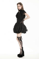 Black Stand Collar Ruffled Short Sleeves Lace Spliced Women's Gothic Blouse - Product - 11