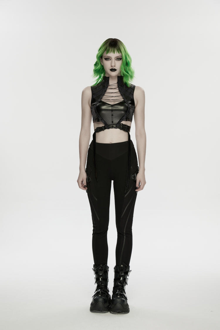 Black Slim Women's Armor-Accentuated Paneled Punk Leggings - Black - 1