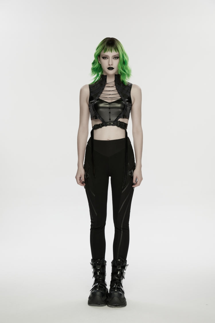 Black Slim Women's Armor-Accentuated Paneled Punk Leggings - Black - 1