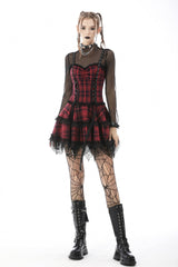 Red Sleeveless Hem Plaid Layered Lace Women's Punk Mini Strap Dress - Red - 1