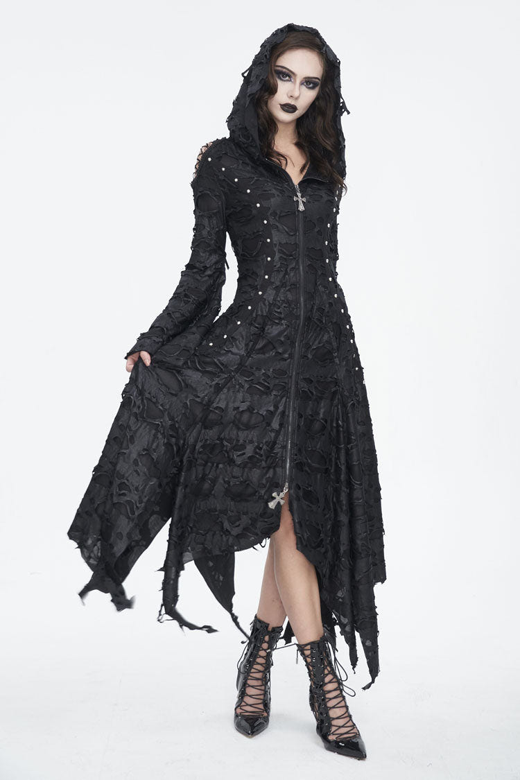 Black Long Trumpet Sleeves Irregular Hooded Womens Gothic Dress - Product - 3